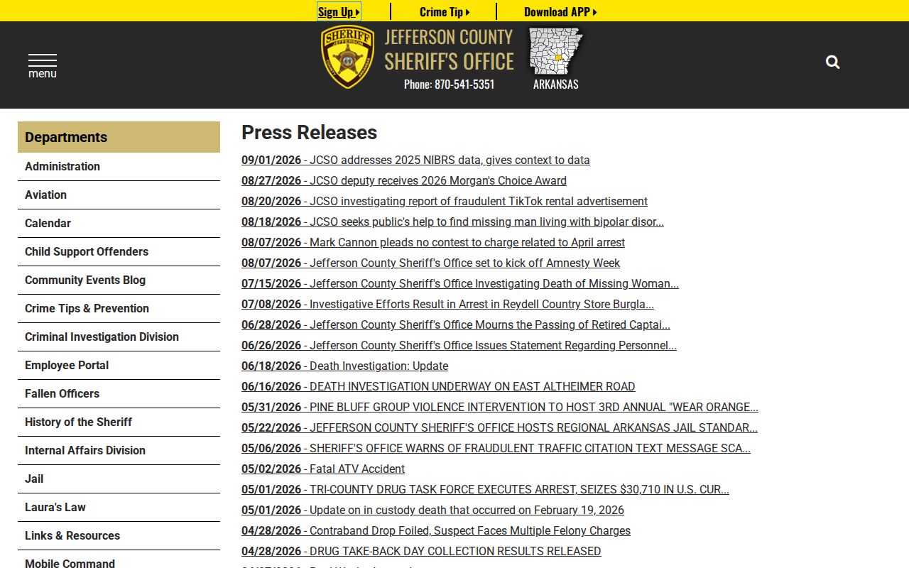 Jefferson County Sheriff press archive for arrest blotter context and corrections