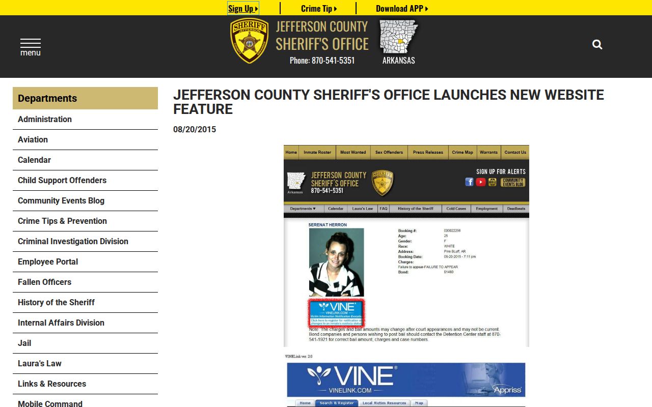 Jefferson County Sheriff's Office roster profile and VINELink announcement