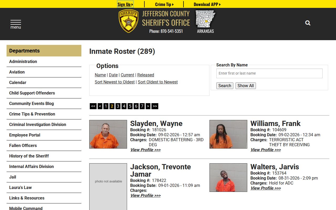 Jefferson County multi-day arrest roster page with older booking records