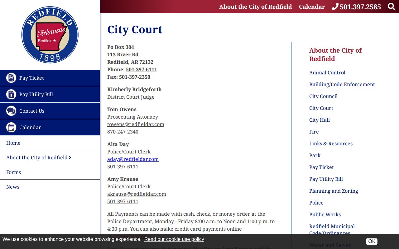 Official Redfield city court page with police and clerk contact details